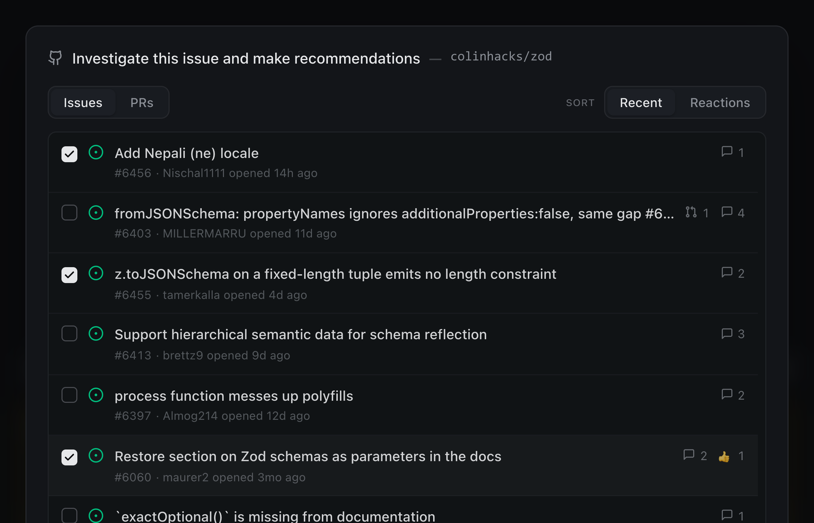 The GitHub picker listing open issues from colinhacks/zod, three of them checked.