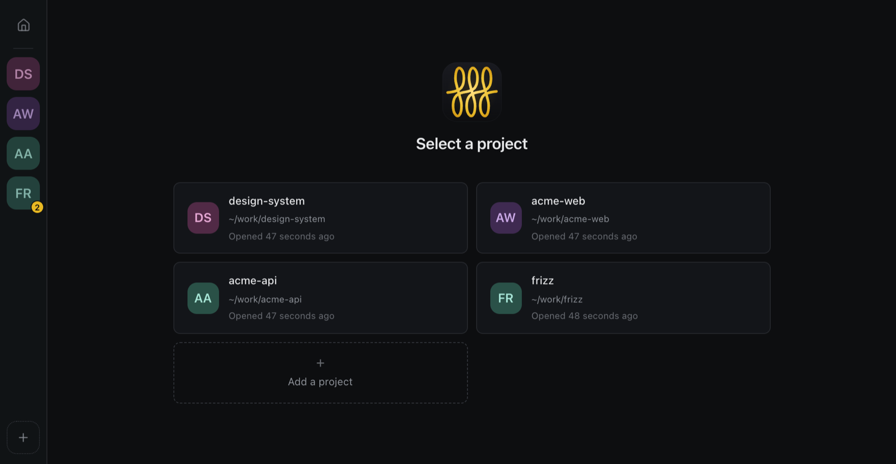 The Frizz home page: a rail of project icons down the left, and four project cards with home-relative paths, plus an Add a project card.
